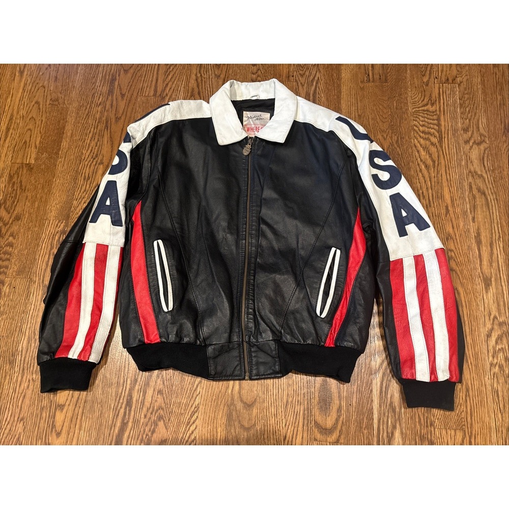 Vintage Michael Hoban WHEREMI Jacket Mens Large Leather USA Flag Bomber 90s